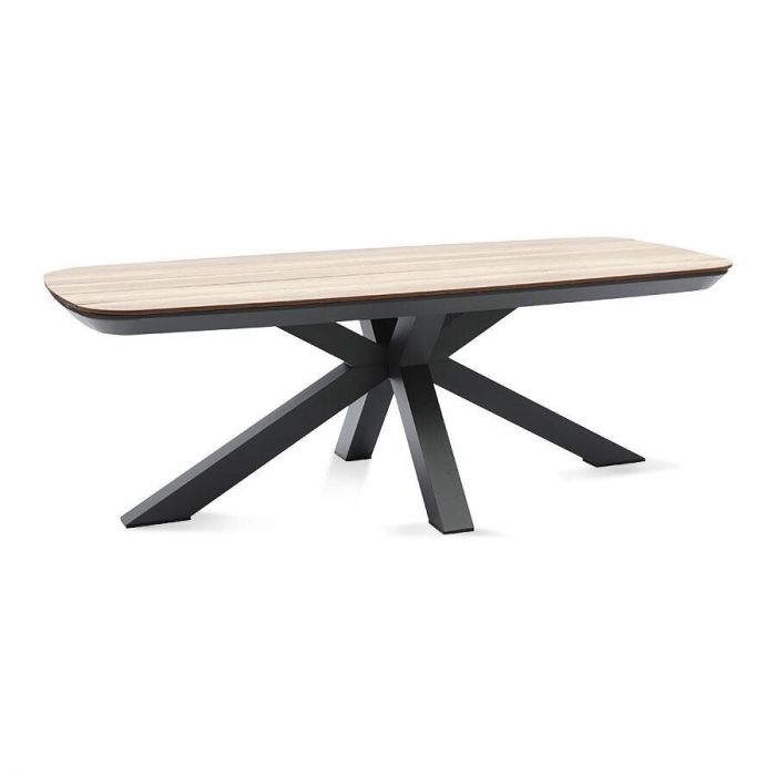 Rechthoekige tuintafel Bradford met houtlook HPL-blad en zwart aluminium frame.