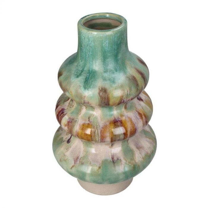 Kersten Vaas Stoneware Multi 32x19,3 cm, keramieken vaas met golvende vorm en glanzend glazuur in groen, crème en bruin.