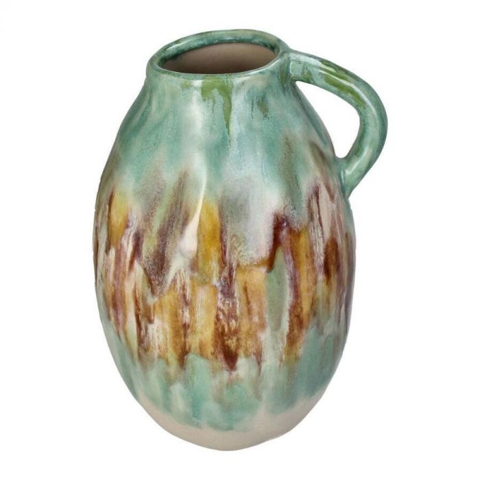 Een decoratieve vaas met een organische vorm, handvat en een glanzende meerkleurige afwerking in groen, beige en bruintinten.