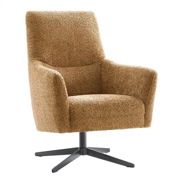 Draaifauteuil Duna van Pronto Wonen in groene boucléstof, met een modern design en zwart metalen draaivoet.