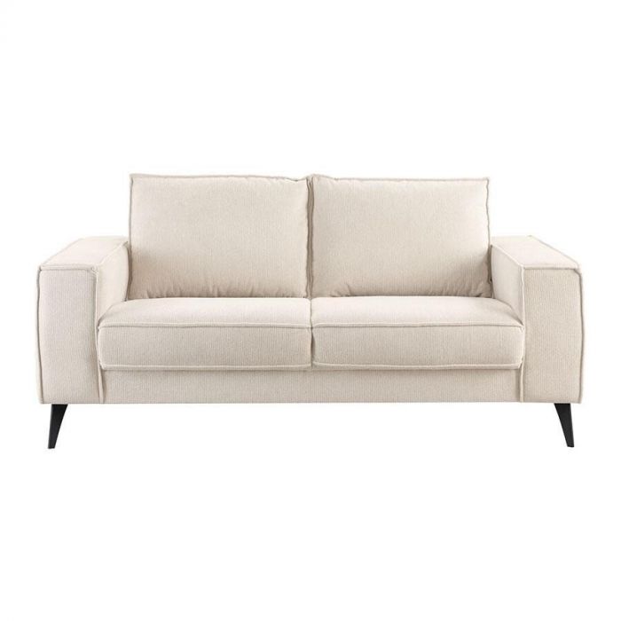 Pronto Wonen 2,5-zitsbank Barrio ecru, vooraanzicht met losse rugkussens, strakke armleuningen en zwarte, slanke poten.
