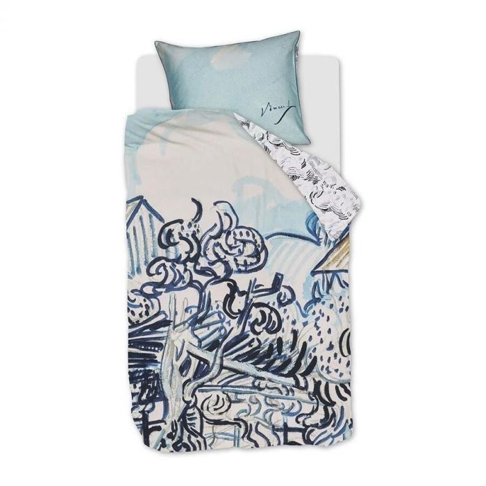 Beddinghouse x Van Gogh Museum Vieux Vignoble dekbedovertrek in eenpersoonsuitvoering met kunstzinnig blauw-wit dessin, geïnspireerd op een Van Gogh-tekening.