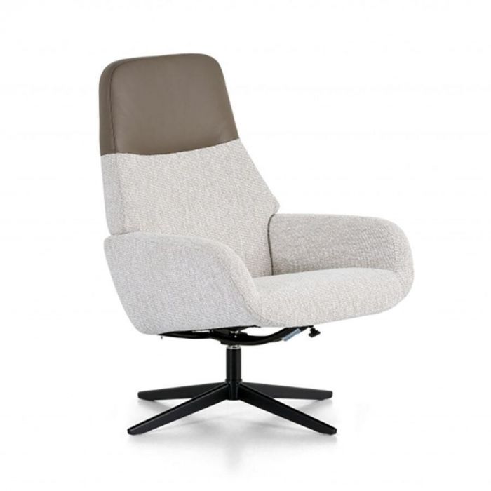 Zijaanzicht van de Montèl Vision Combi draaifauteuil in een combinatie van stof en leer, met een zwart metalen onderstel.