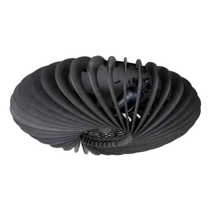 Zwarte plafondlamp Swan met gedraaide lamellen in spiraalvorm, open kap en zichtbaar armatuur, diameter 36 cm.