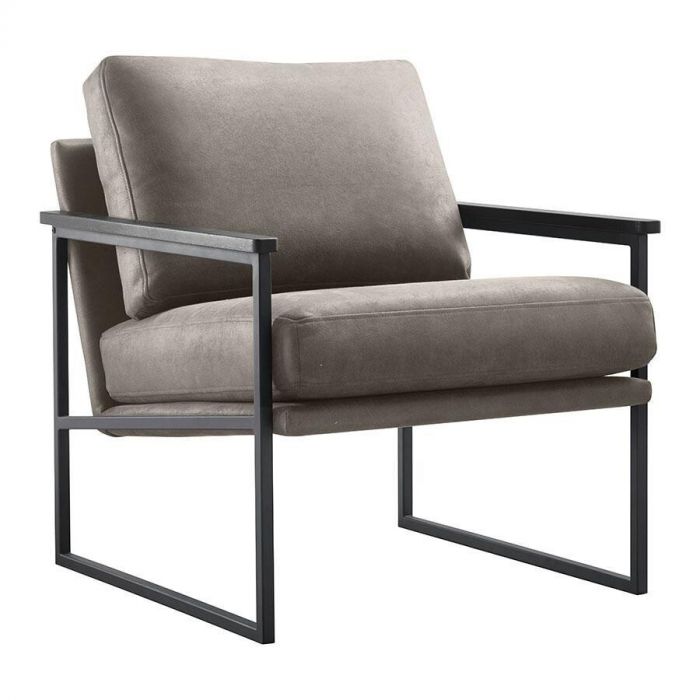 Pronto Wonen Fauteuil Claut Grafiet, schuin vooraanzicht met elegante grijze bekleding en een modern zwart metalen frame.