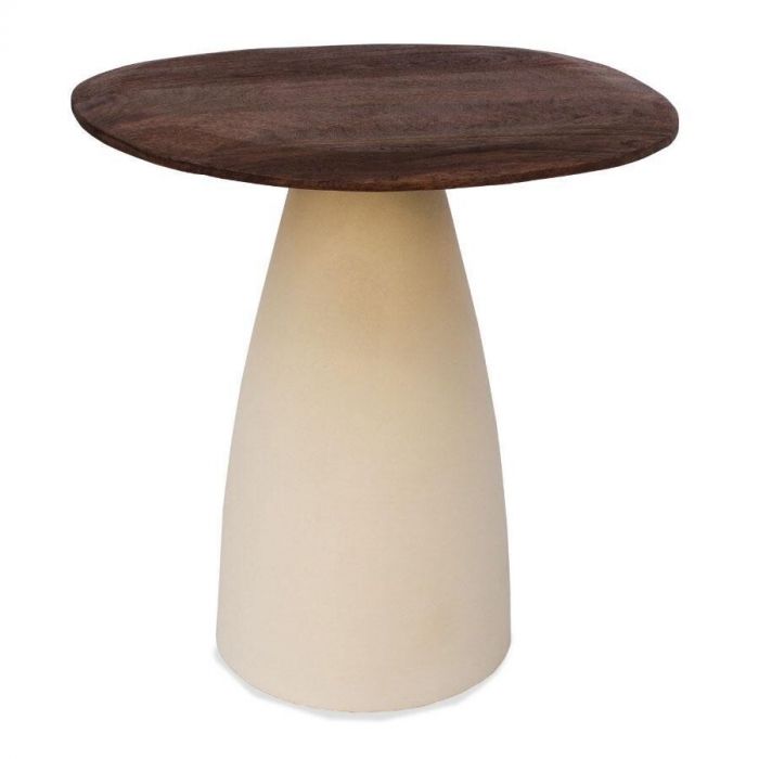 Miran bijzettafel met hardhouten blad en ivoorkleurige stalen poot, zijaanzicht.