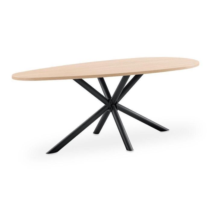 Eettafel Levado met organisch niervormig blad in lichte houtkleur en zwart metalen spinpoot