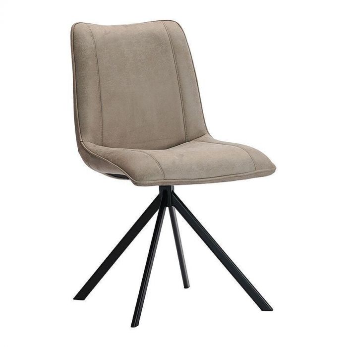Eetkamerstoel Fare in microleder van Pronto Wonen, vooraanzicht met zwarte metalen poten en lichtgrijze bekleding.