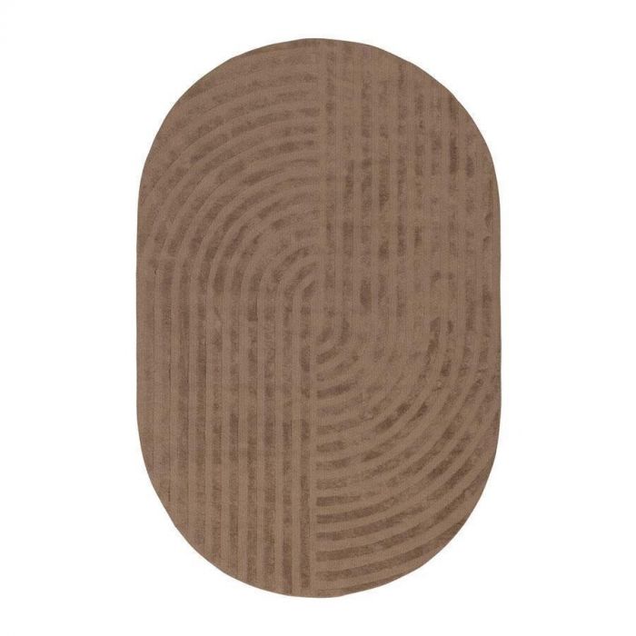 Taupekleurig vloerkleed Arch van COCOmaison, ovaal met modern lijnenspel.