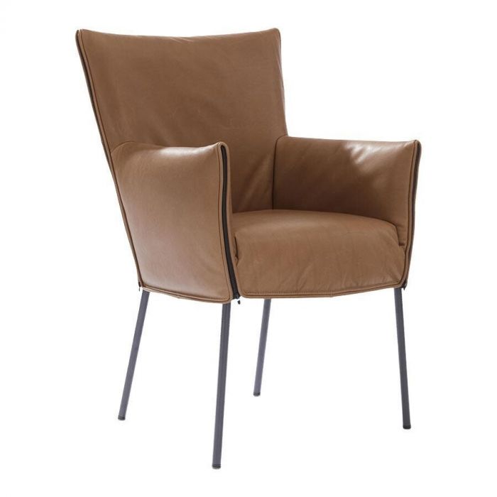Mali Ritz eetkamerstoel in bruin leer met slank metalen frame.