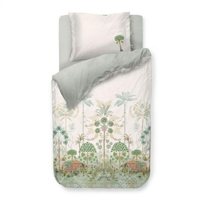 Pip Studio dekbedovertrek Panoramico met palmbomen en Spaanse paleizen in zachte tinten.