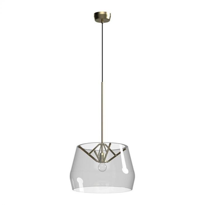 Hanglamp Atlas met mondgeblazen glazen kap en messing scharniermechanisme, frontaal aanzicht.