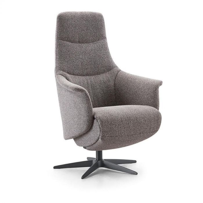 Relaxfauteuil Dutchz 2200 in grijze stof met hoge rug en armleuningen, staand op een zwarte draaivoet, schuin van voren gefotografeerd.