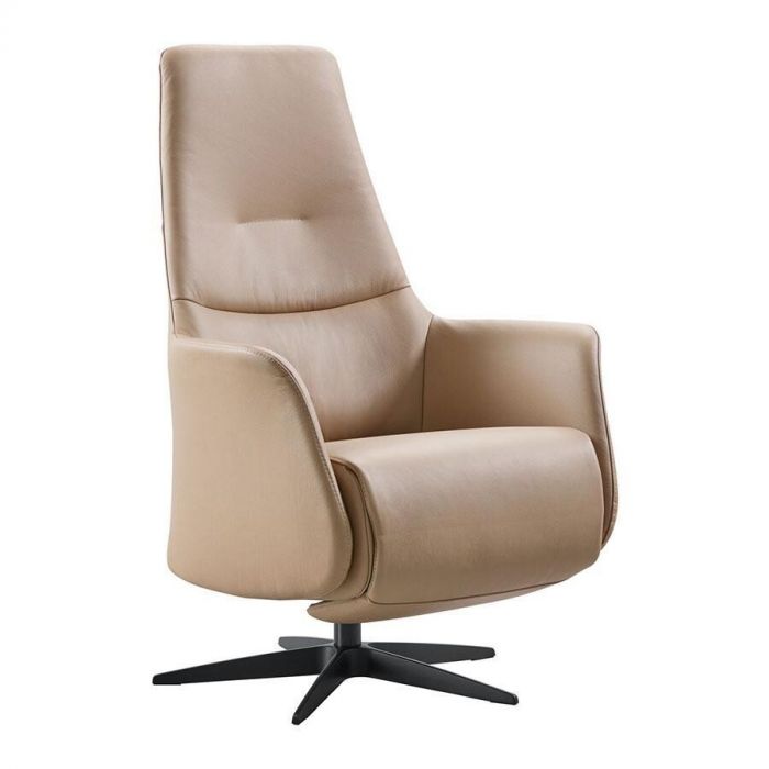 Relaxfauteuil Blomira L in bruin leer met zwarte kruispoot, zijaanzicht.