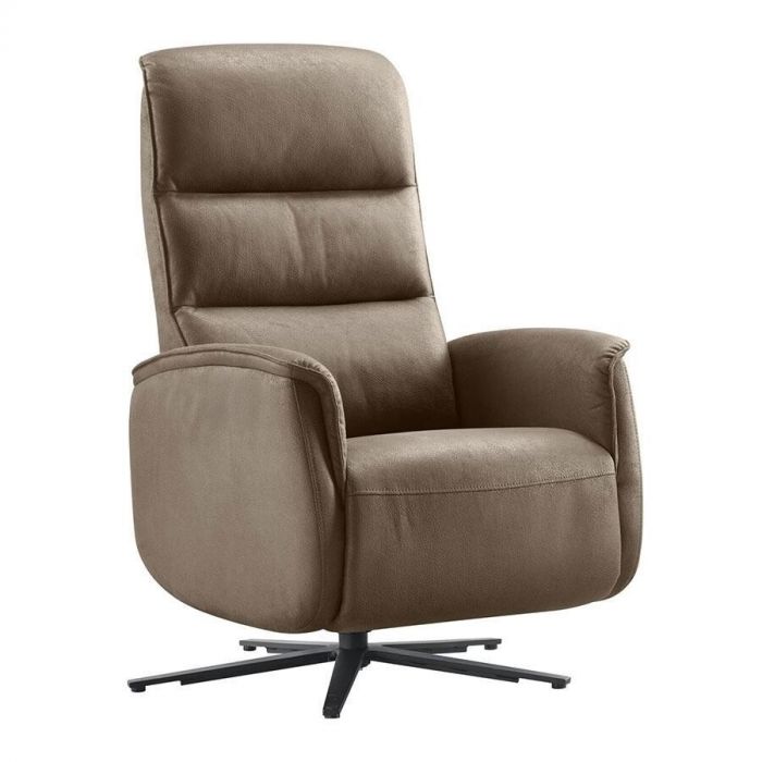 donkerbruine relaxfauteuil Volgere van Pronto Wonen in gesloten stand, met moderne uitstraling en zwart metalen draaivoet.