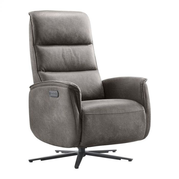 Grijze elektrische relaxfauteuil Volgere van Pronto Wonen met hoge rugleuning en stervoet in zwarte uitvoering.