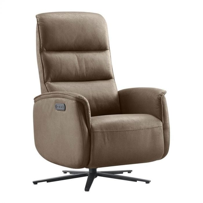 donkerbruine elektrische relaxfauteuil Volgere van Pronto Wonen met hoge rugleuning en stervoet in zwarte uitvoering.