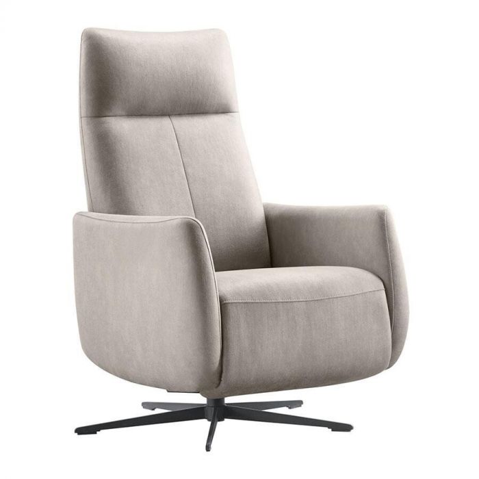 Relaxfauteuil Lanciare in lchtgrijs microleder met draaivoet, schuin vooraanzicht.
