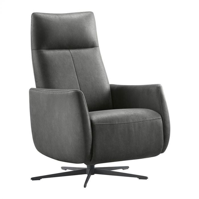 Relaxfauteuil Lanciare in antraciet microleder met draaivoet, schuin vooraanzicht.