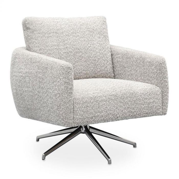 Fauteuil Livo van Trendhopper in grijze bouclé stof, schuin vooraanzicht.
