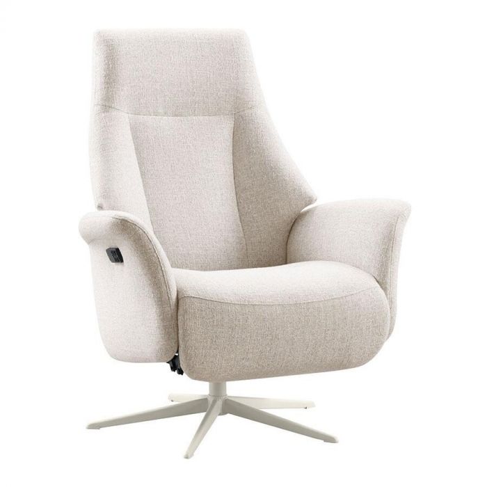 Beige INHOUSE relaxfauteuil Hessa L in zijaanzicht met witte draaipoot.