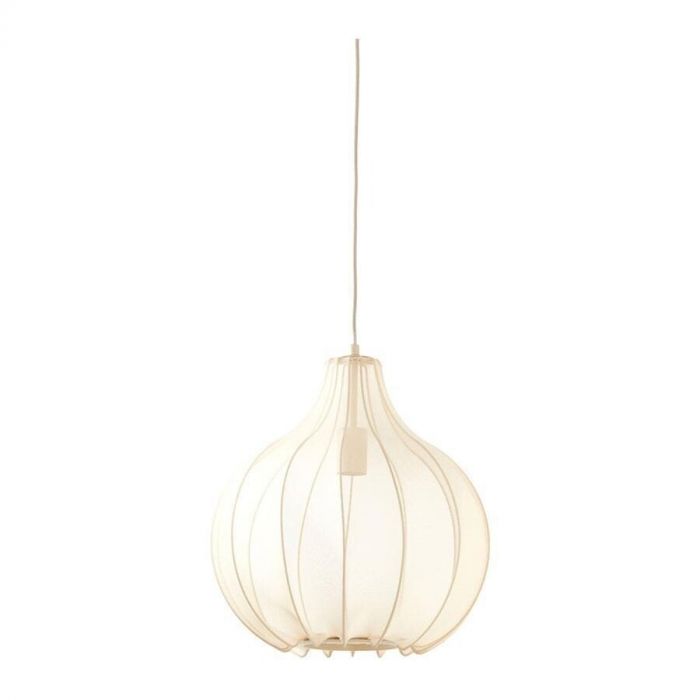 Hanglamp Elati in zandkleur met textiele kap en organische vorm, ophangend aan een snoer.