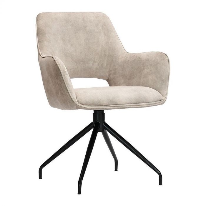 Eetkamerstoel Buco Velvet van Pronto Wonen, vooraanzicht. Stijlvolle stoel met velvet bekleding, comfortabele armleuningen en een zwart metalen onderstel.