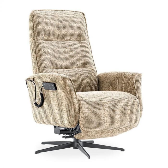 Relaxfauteuil Hezia in beige stof met vijfteensvoet.