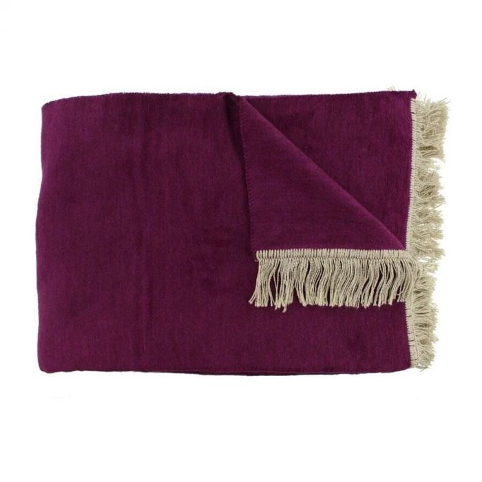 Paarskleurige Claudi plaid Paulos met beige franjes, deels omgeslagen voor textuurweergave.