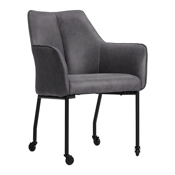 Eetkamerstoel Dura van Pronto Wonen in donkergrijze microvezel stof, vooraanzicht met zwarte poten op wieltjes.