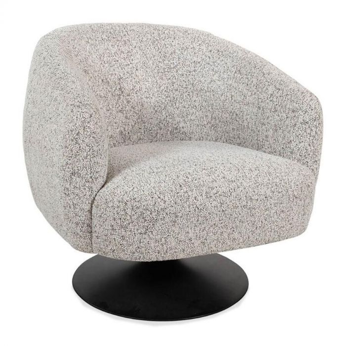 Draaifauteuil Louis in ecru stof met zwarte trompetvoet, vooraanzicht.