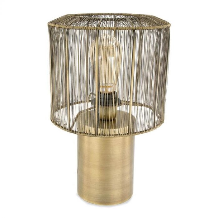 Tafellamp Bincerro met goudkleurige voet en opengewerkte metalen kap.