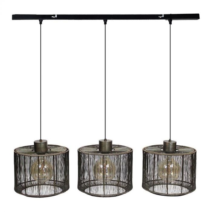 Zwarte hanglamp Bincerro met drie opengewerkte kappen aan een minimalistische plafondbalk.
