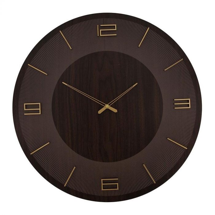 Klok Shonto van Profijt Meubel met zwarte achterplaat en goudkleurige wijzers en cijfers.