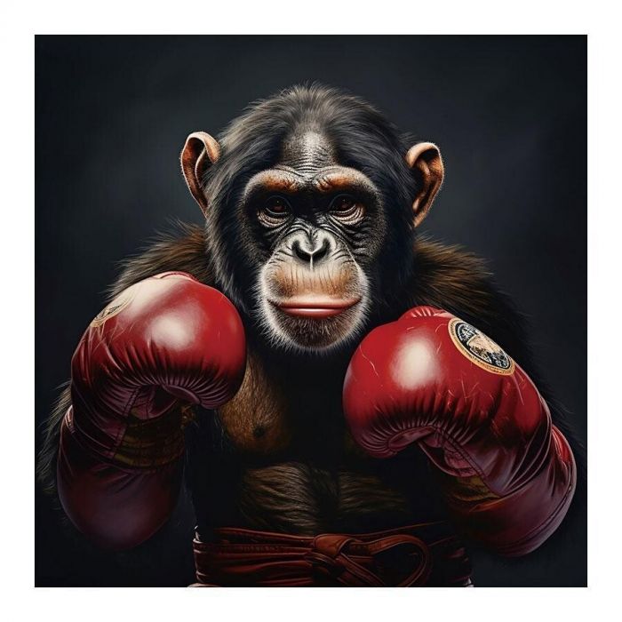 Boksende aap met rode bokshandschoenen op donkerkleurig glasschilderij van Ter Halle.