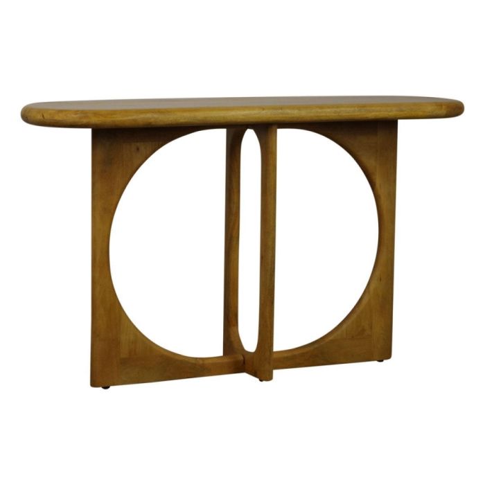 Sidetable Wakefield van massief hout met afgerond blad en opvallend onderstel met ronde uitsparingen.