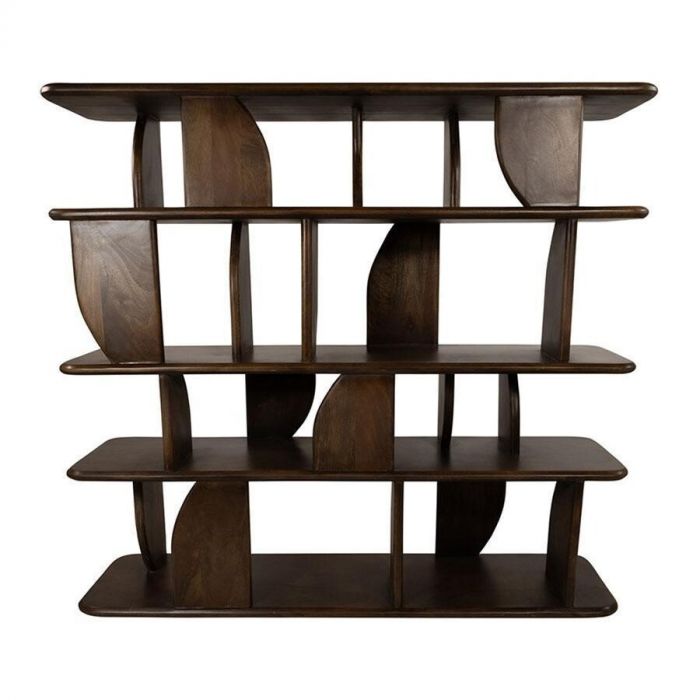 Oregano boekenkast in Mango Brown Walnut met open vakken en speelse verticale panelen.