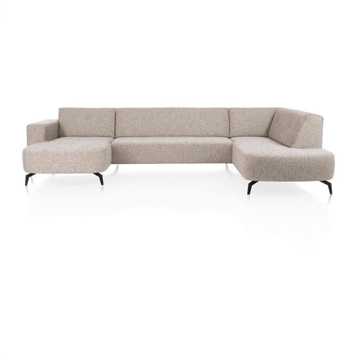 Hoekbank Brielle van Happy@Home in lichtbeige stof met zwarte pootjes, frontaal aanzicht.