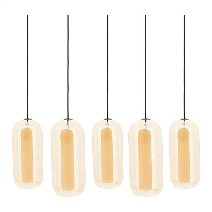 Hanglamp Shona Cluster van By-Boo met vijf amberkleurige glazen lampen in een rij.