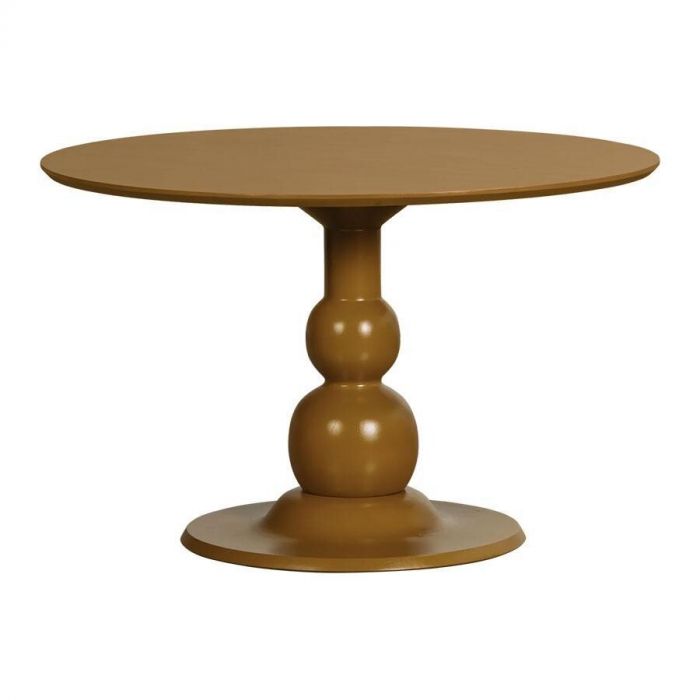 Vooraanzicht van WOOOD eettafel Blanco in honinggeel met ronde vorm en speels gevormde poot.