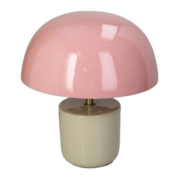 Vooraanzicht van de Lola tafellamp van Kersten met roze metalen kap en taupekleurige metalen voet.