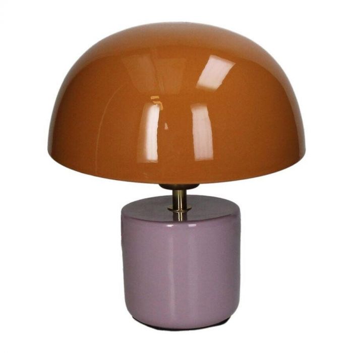 Vooraanzicht van de Lulu tafellamp van Kersten met oranje metalen kap en lila keramieken voet.