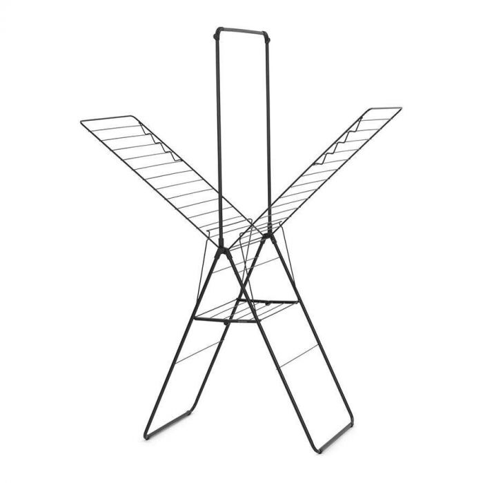 Vrijstaand Brabantia droogrek met uitklapbare vleugels en een hoge stang in zwarte uitvoering, geschikt voor kleerhangers en liggende was.