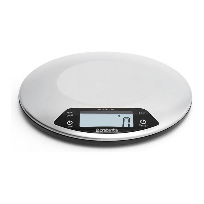 Brabantia digitale keukenweegschaal in roestvrij staal met lcd-display.