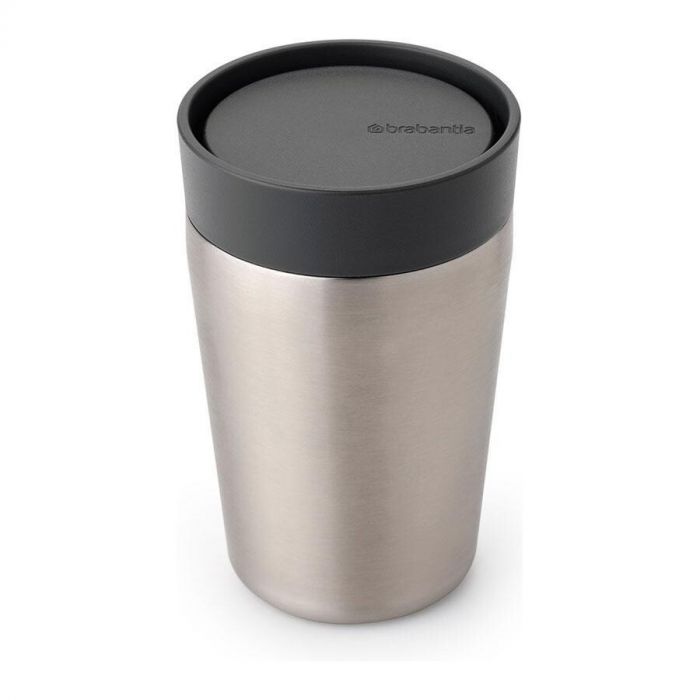 Brabantia Make & Take Thermosbeker 200 ml in roestvrij staal met donkergrijze deksel.