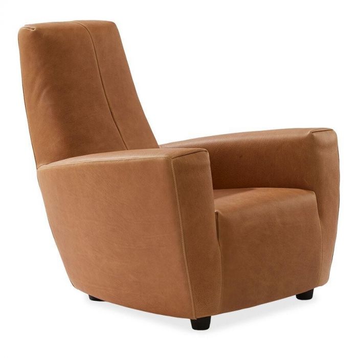 Fauteuil Longa in cognackleurig leer, vooraanzicht, ontwerp Gerard van den Berg.