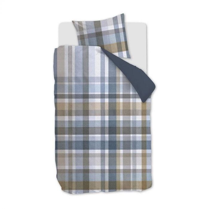 Eenpersoons dekbedovertrek Eliott Blue met geruit dessin in blauw, zand en grijs.