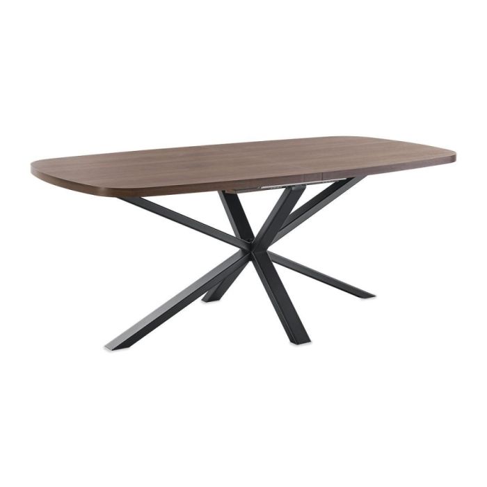 Deens ovale eettafel Caltana met warm bruine houtlook en zwarte metalen spinpoot, zijaanzicht.
