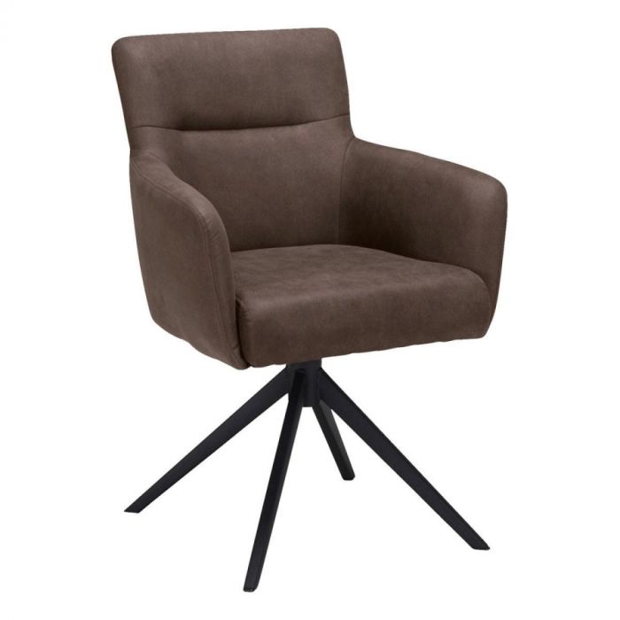 Donkerbruine eetkamerstoel Cassina van Pronto Wonen met microvezelbekleding en zwart metalen poten, schuin van voren gefotografeerd.