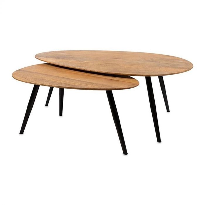 Salontafel Kassel set van 2 met mangohouten bladen en zwarte metalen poten.